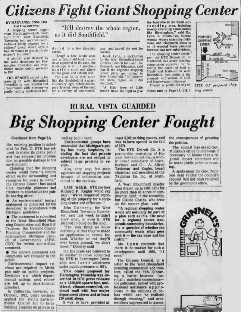 Twelve Oaks Mall - FEB 4 1973 ARTICLE ON WEST BLOOMFIELD TWP OPPOSING MALL (newer photo)
